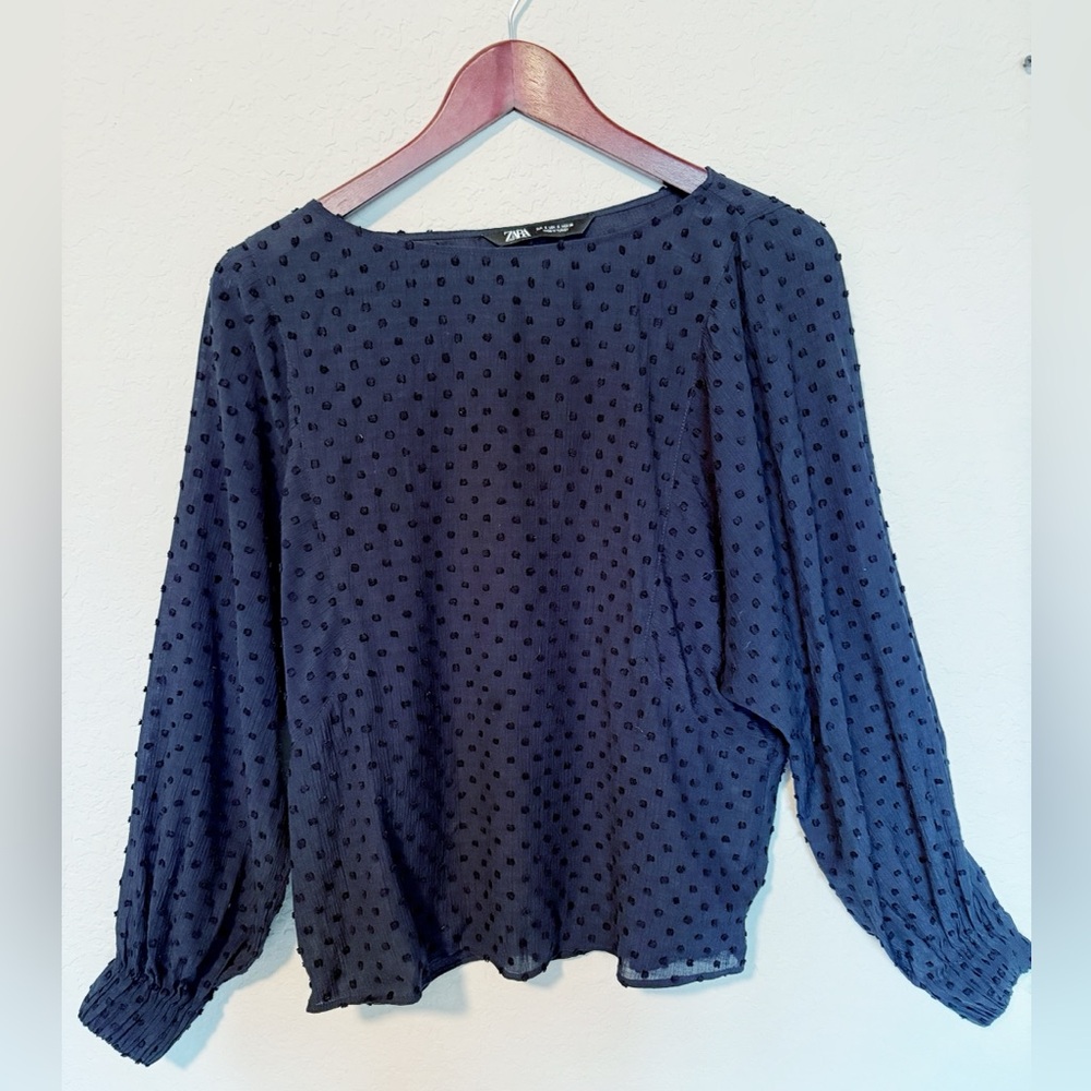 Zara Women's Navy Blue Swiss Dot Long Sleeve Blouse Top Size S